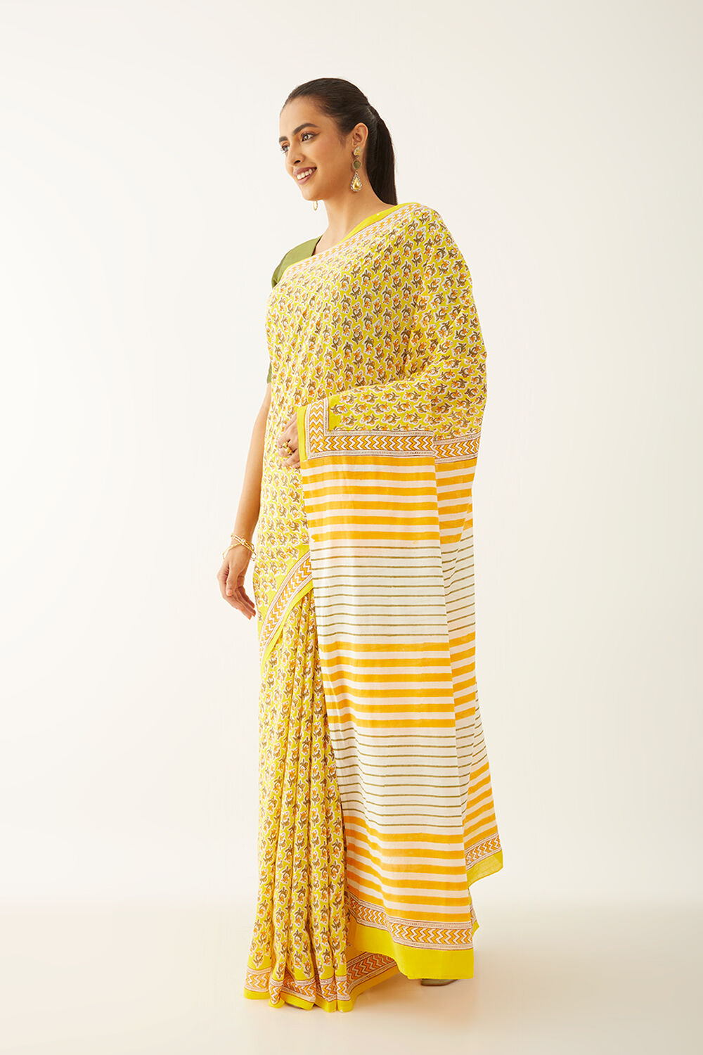 Yellow Pure Cotton Block Print Saree image number null
