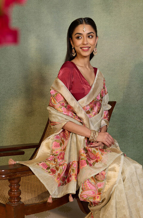 Grey Embroidered Viscose Tissue Saree