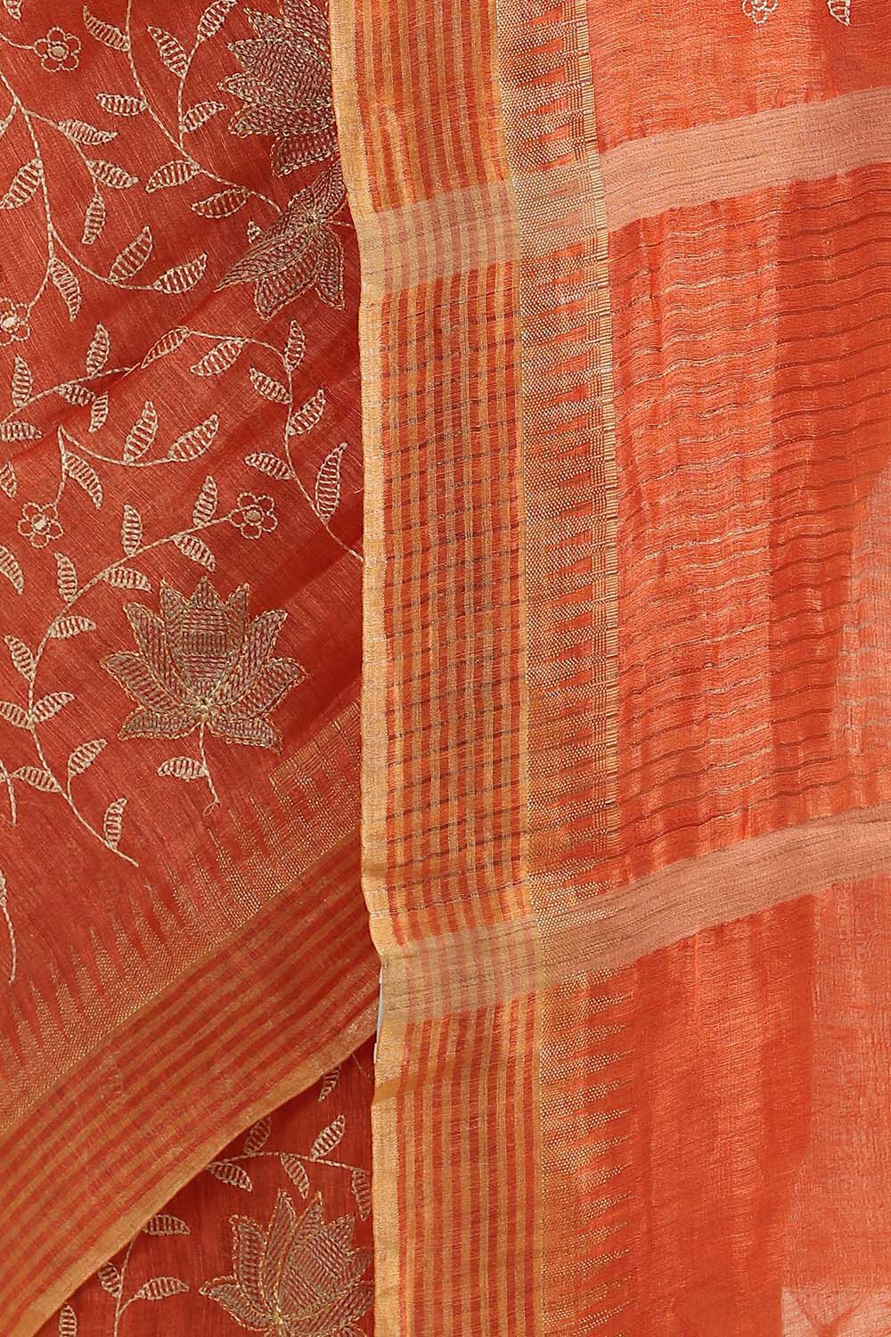 Dark Orange Pure Silk Linen Embroidered Saree image number null