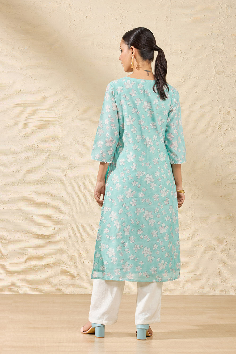 Light Blue Pure Silk Cotton Printed Sanganeri Kurta image number null