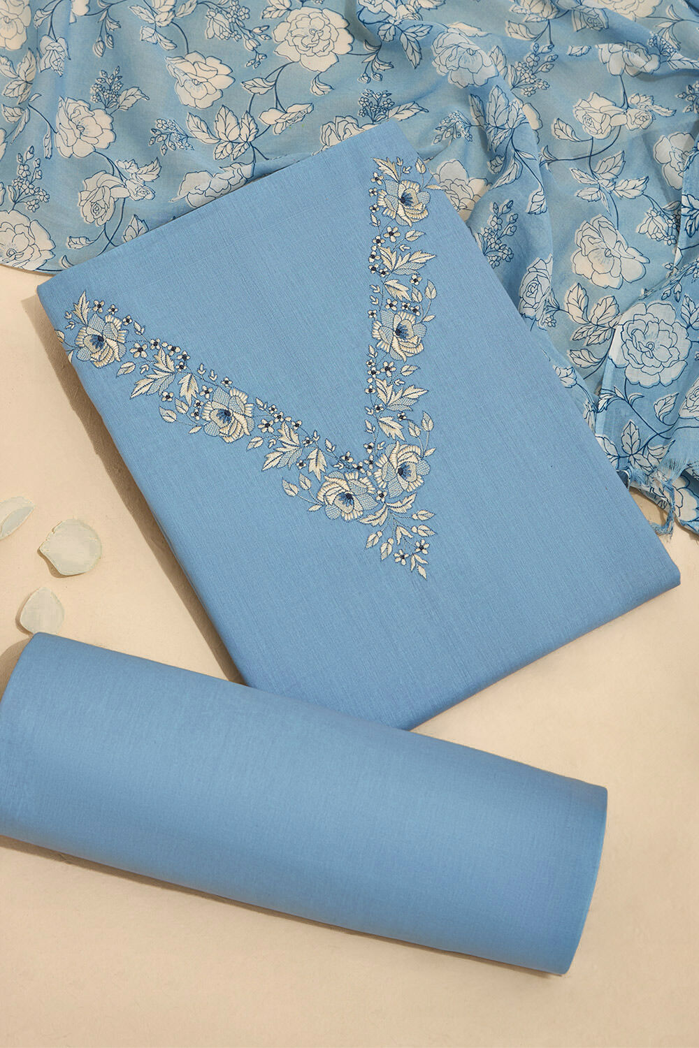 Light Blue Pure Cotton Embroidered Unstitched Suit Set Taneira Online