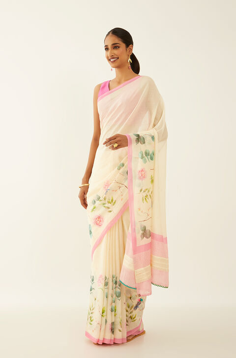 Beige Pure Silk Cotton Digital Printed Saree