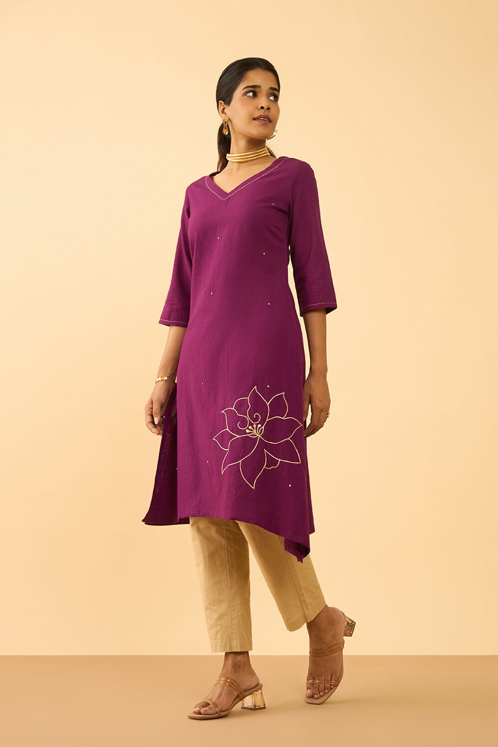 Violet Viscose Cotton Embroidered Kurta image number null