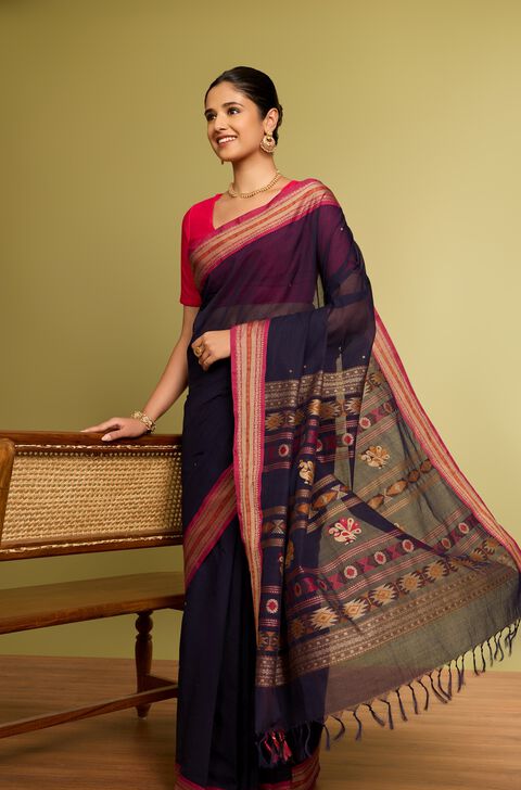 Dark Blue Woven Pure Cotton Saree