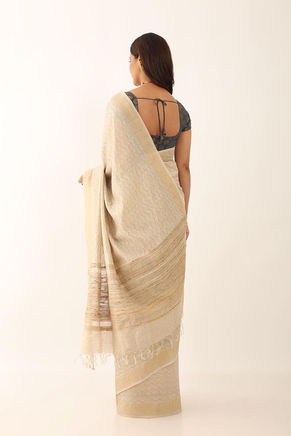 Off White Tussar Silk Block Print Saree image number null