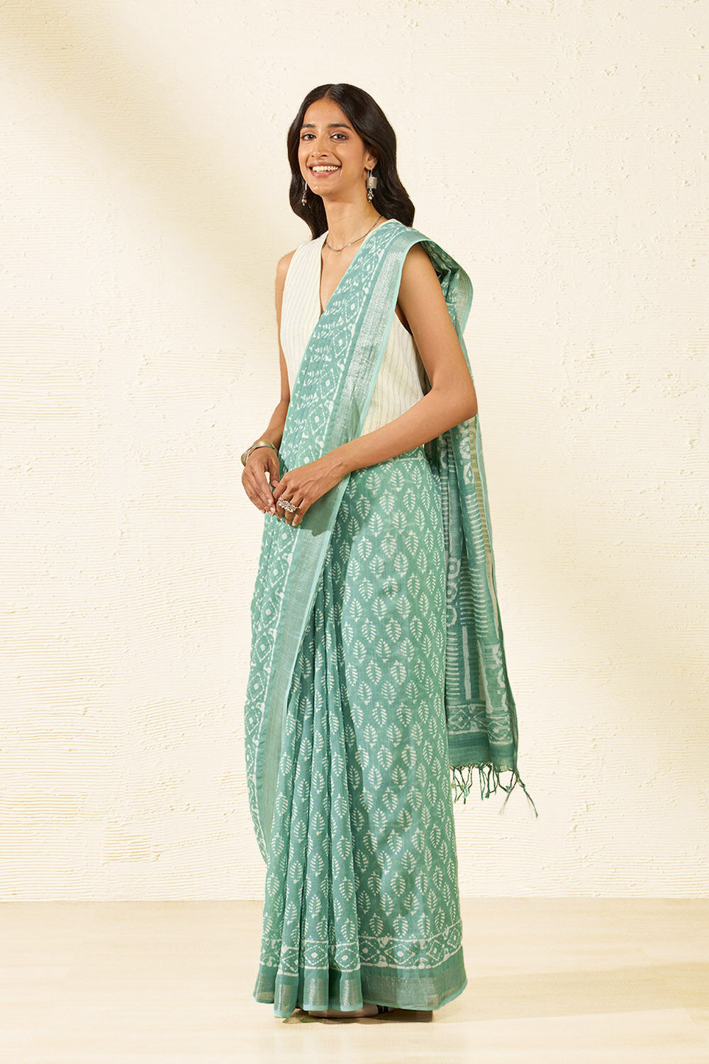Green Block Printed Cotton Viscose Saree image number null
