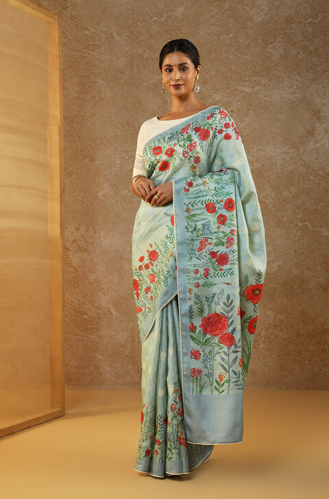 Blue Printed Pure Tussar Silk Saree