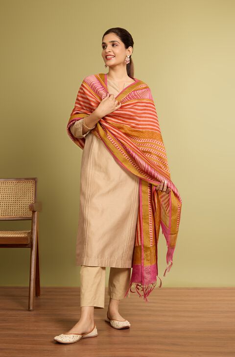 Orange Block Printed Silk Muga Dupatta