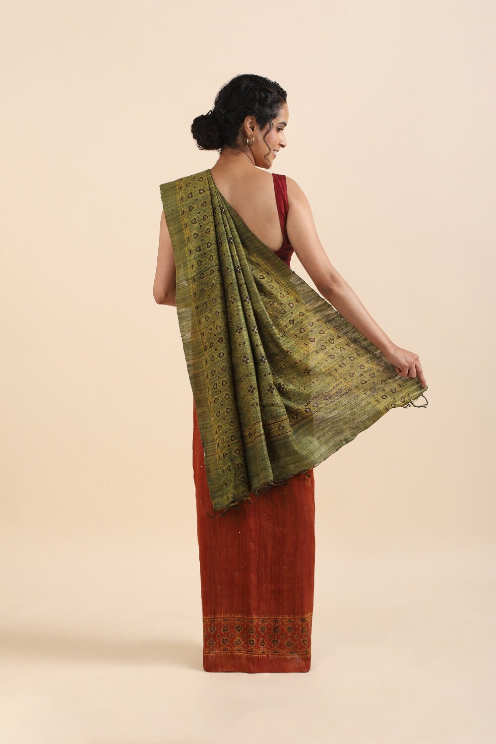 Dark Red Pure Tussar Vanya Ajrakh Printed Saree image number null