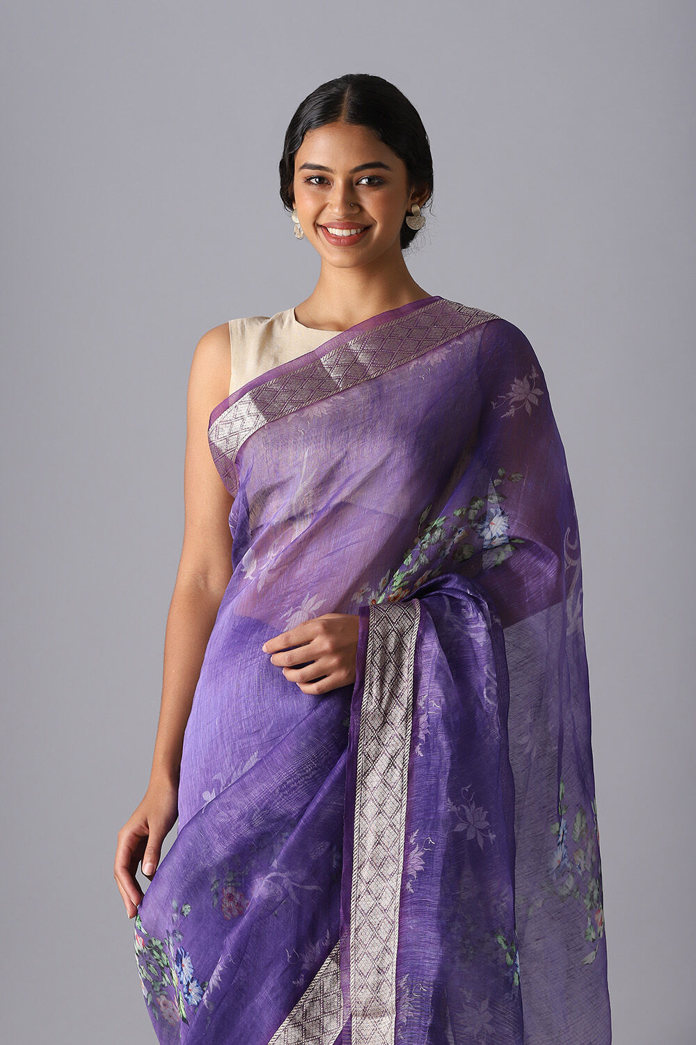 Purple Pure Silk Linen Digital Printed Saree image number null