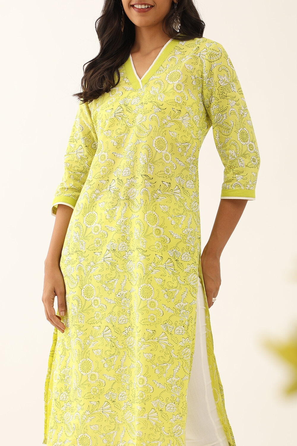 Yellow Pure Cotton Block Printed Kurta with Embroidery image number null