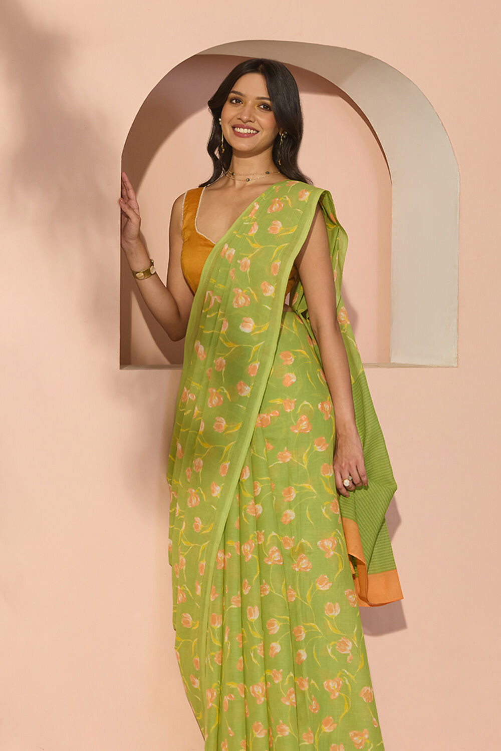 Light Green Bengal Screen Printed Pure Cotton Mulmul Saree image number null