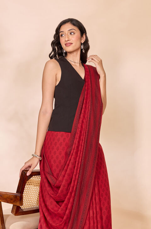 Red Bagh Block Printed Pure Cotton Saree