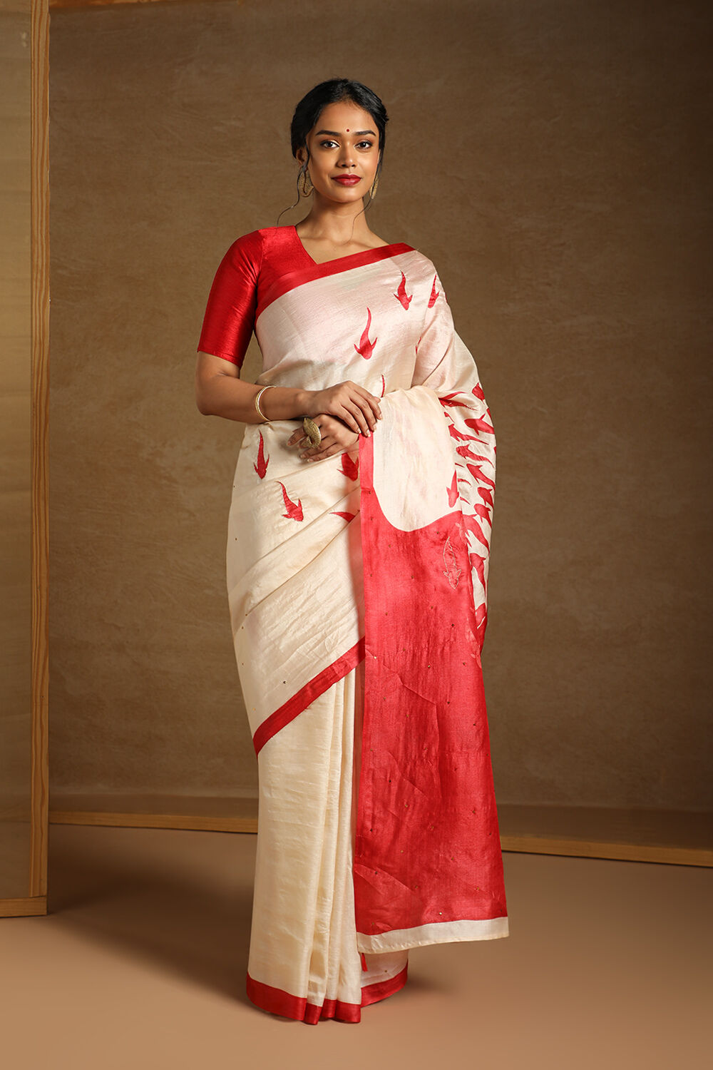 Beige Pure Tussar Silk Hand Painted Saree image number null