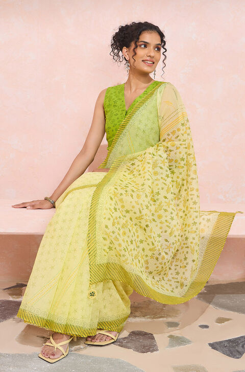 Light Yellow Bengal Pure Cotton Kota Printed Embroidery Saree