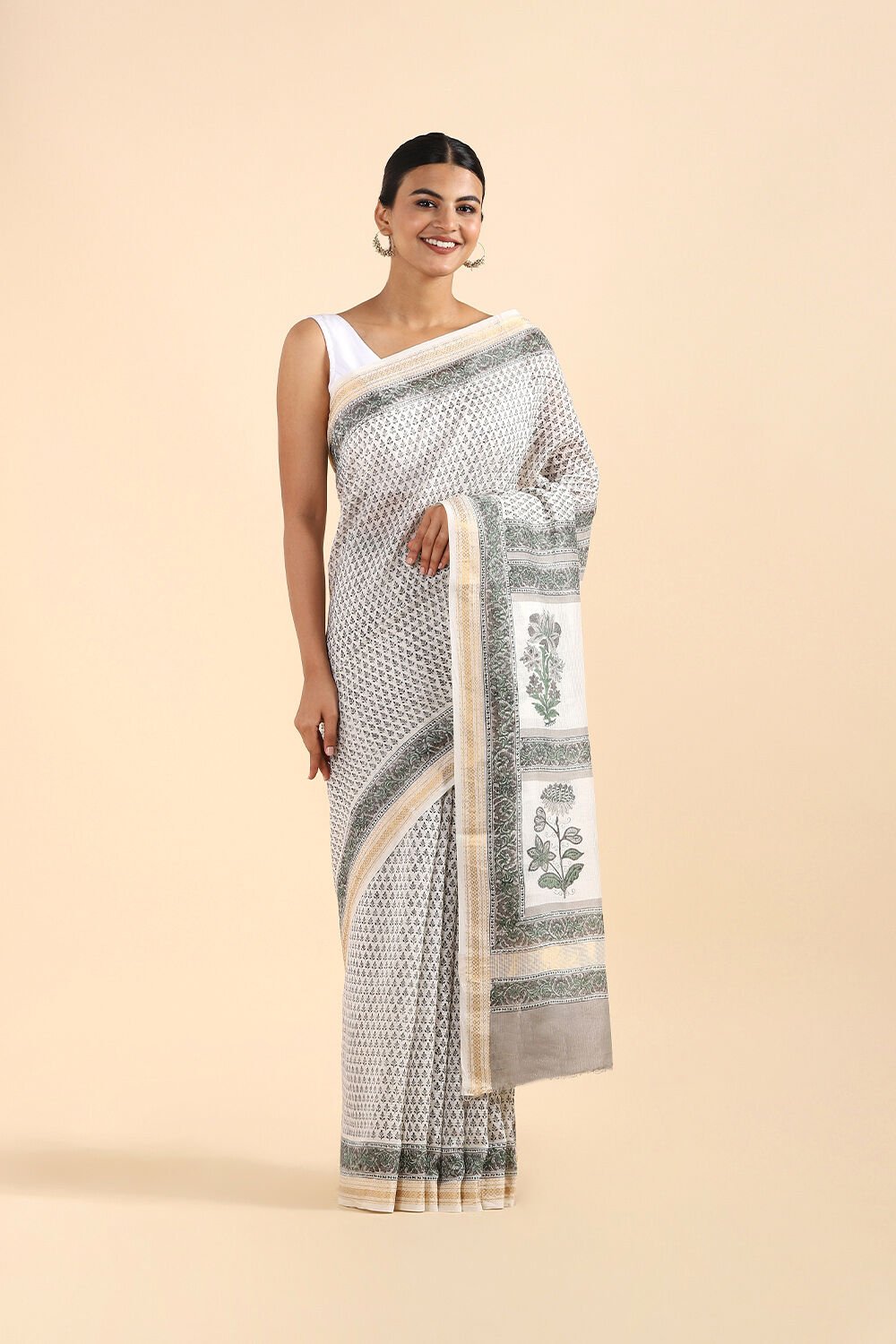 Off White Pure Silk Cotton Sanganeri Printed Saree image number null