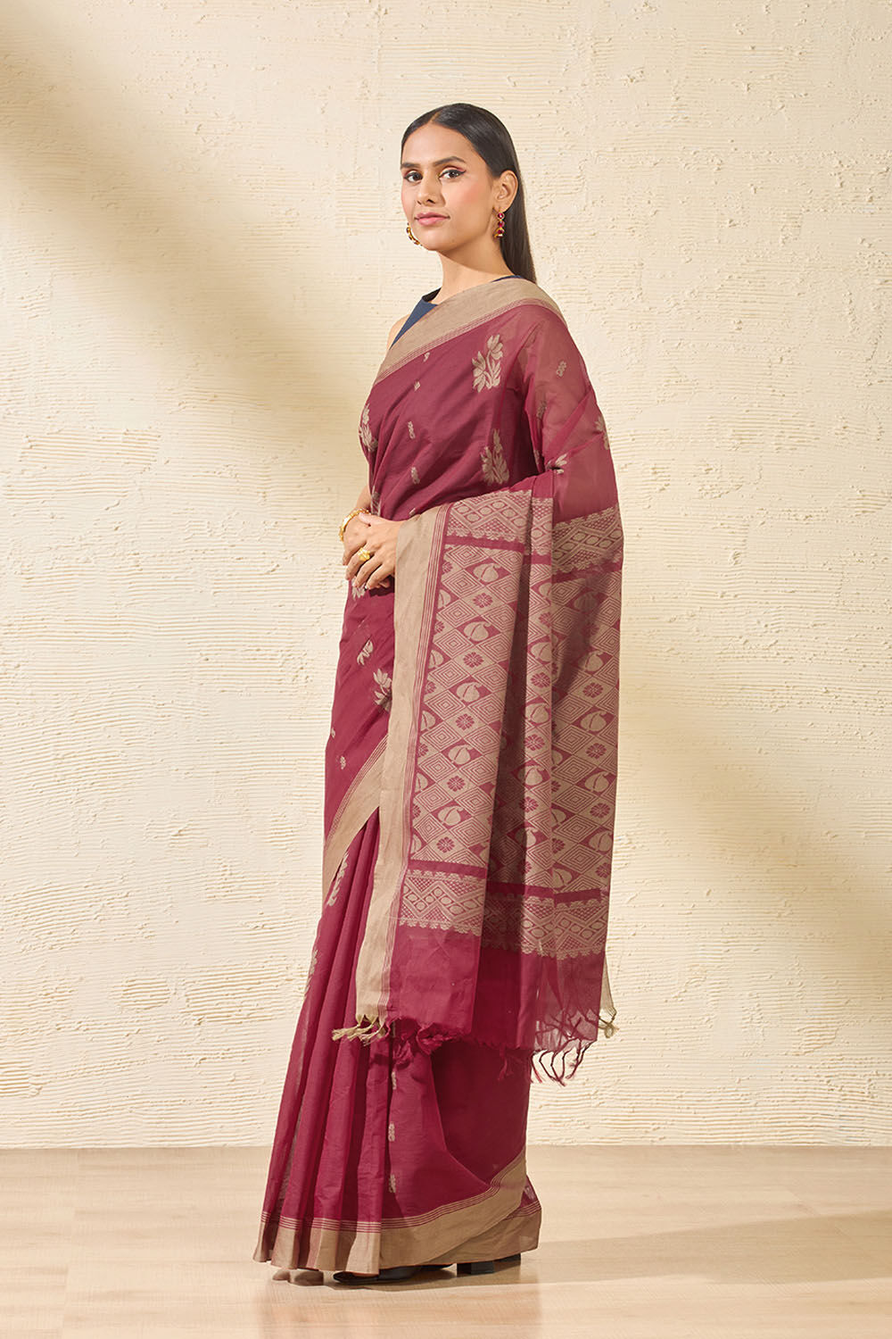 Dark Red Woven South Pure Cotton Saree image number null