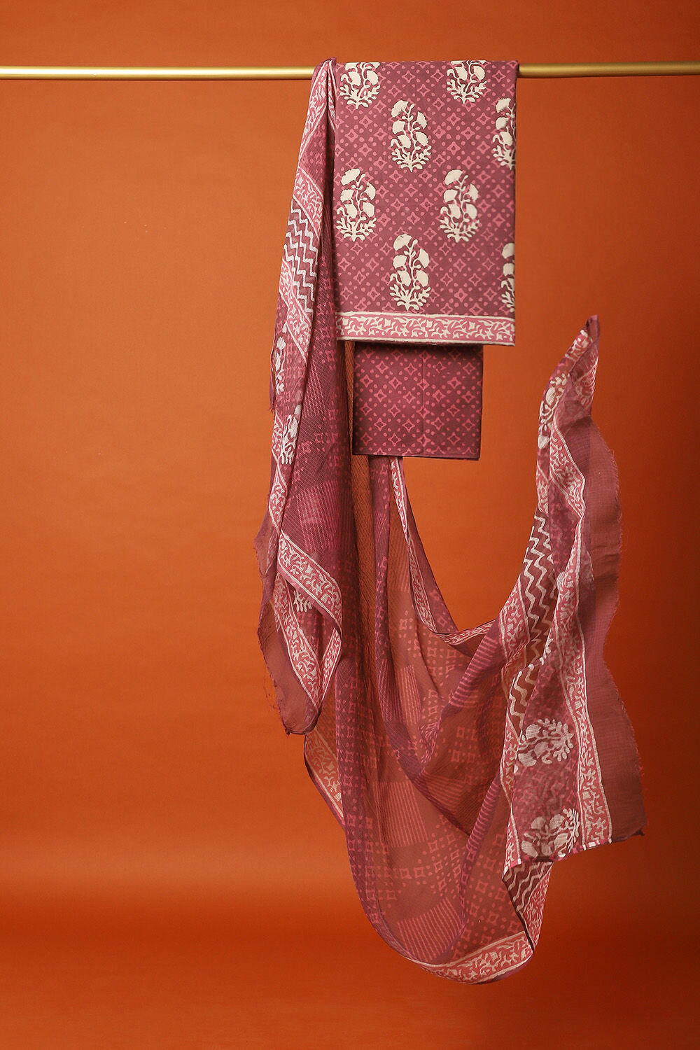 Dark Pink Cotton Bagru Printed Unstitched Suit Set image number null