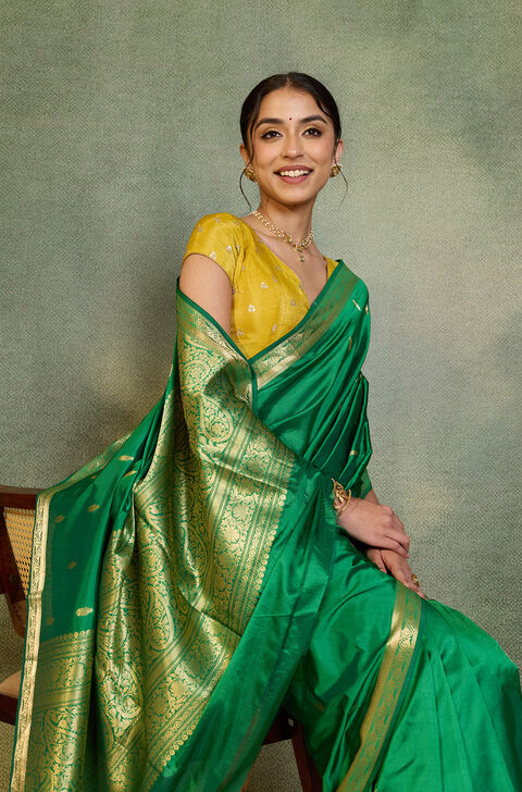Green Silk Viscose Cutwork Banarasi Inspired Design Saree