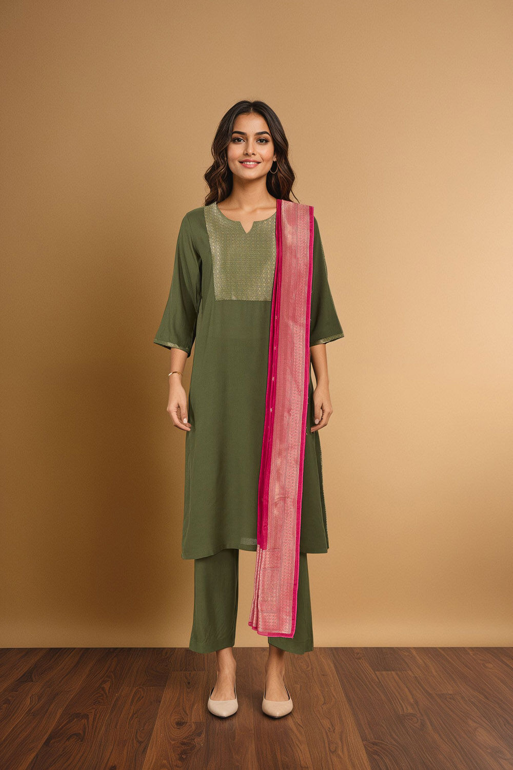 Green Brocade Pure Viscose Kurta Set image number null