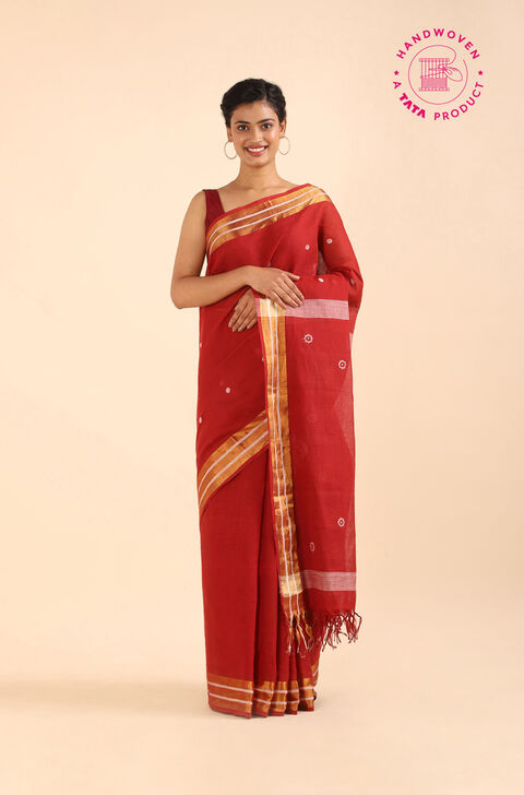Red Pure Khadi Cotton Ponduru Jamdani Saree