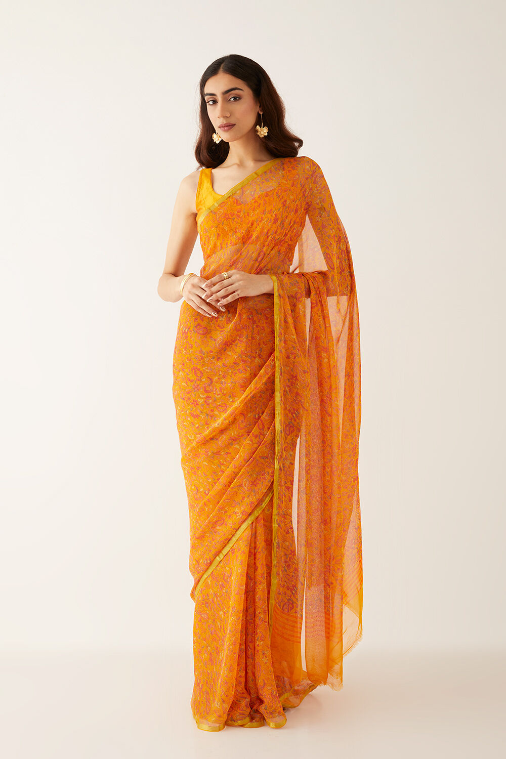 Yellow Viscose Chiffon Printed Saree image number null