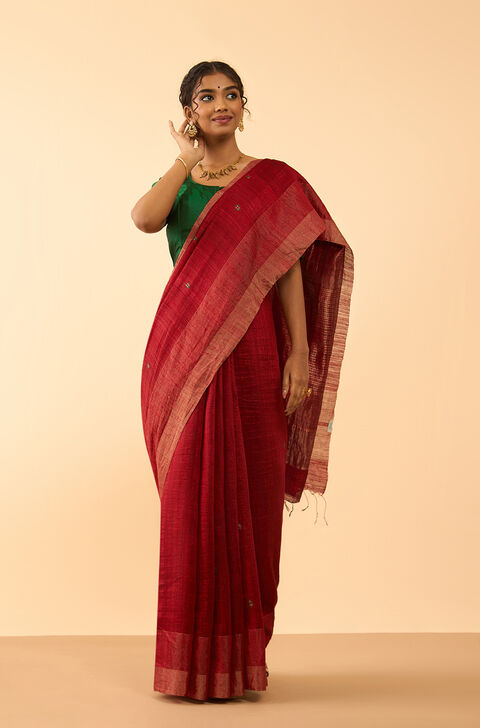 Dark Red Woven Pure Silk Bengal Saree