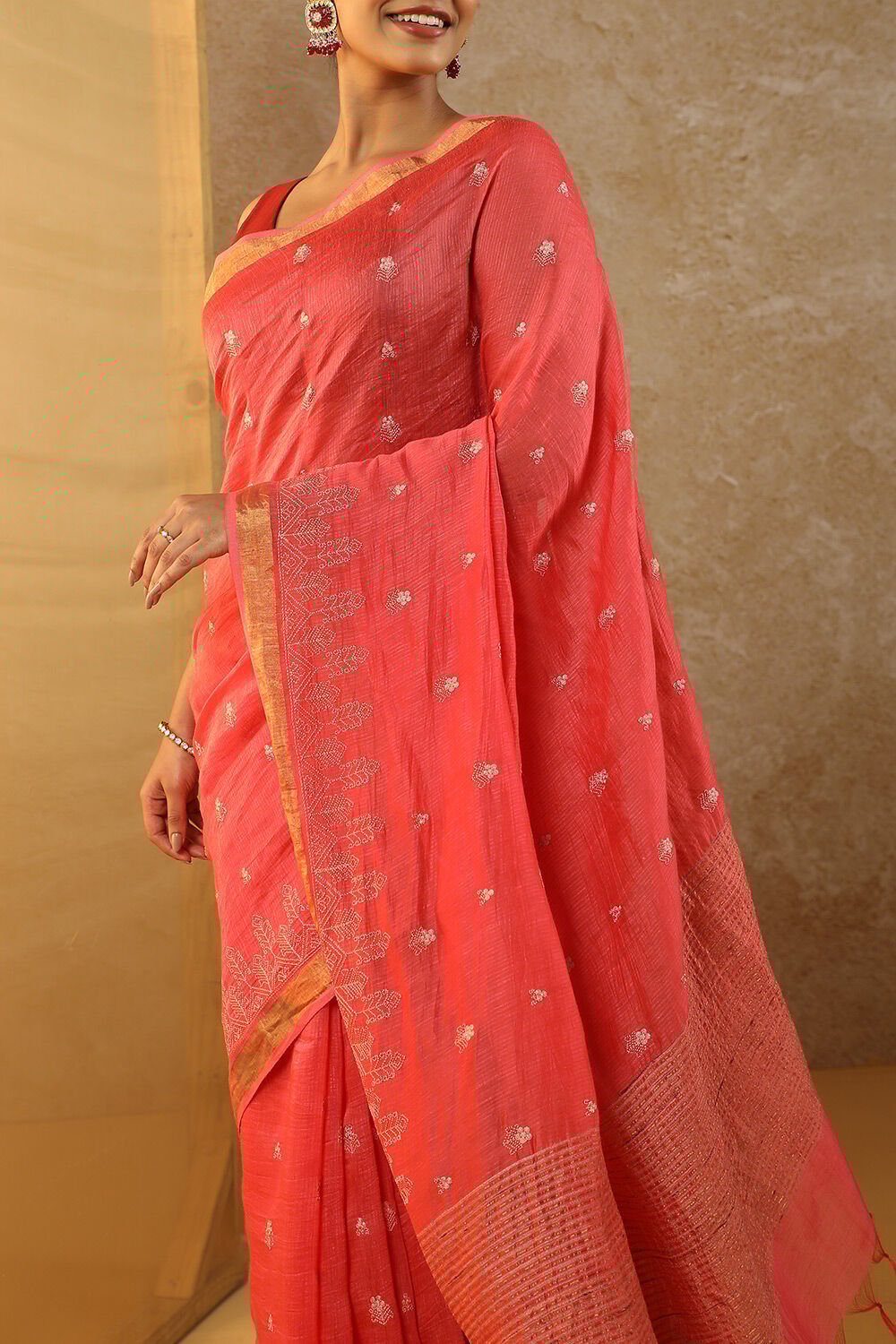 Red Bhagalpur Pure Silk Linen Embroidery Saree image number null