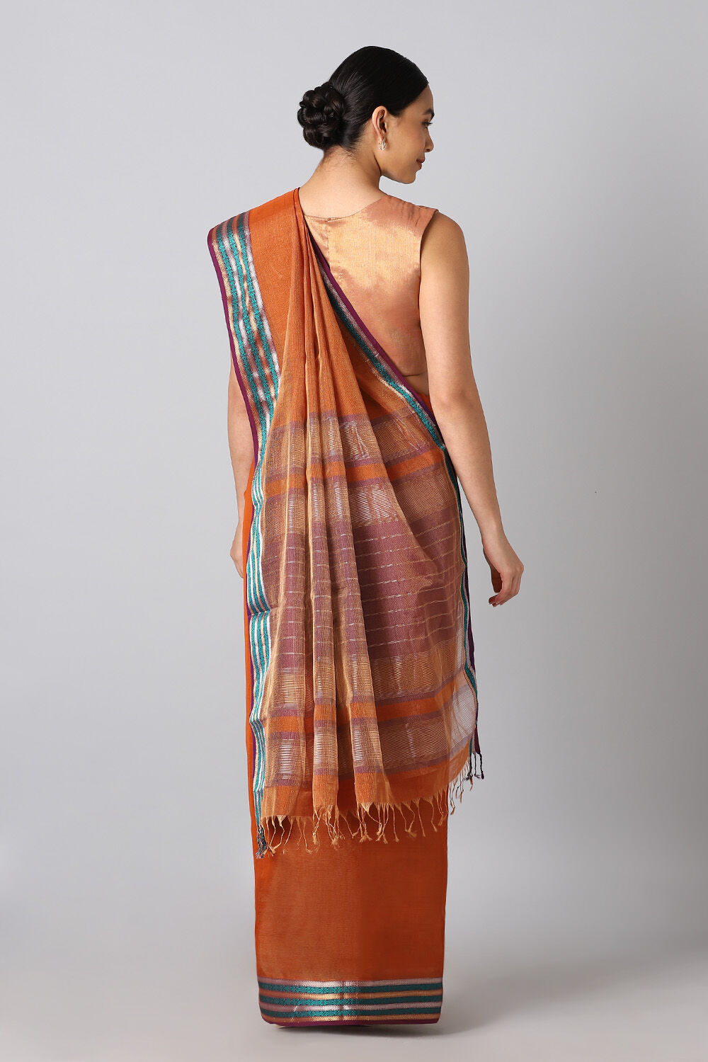 Dark Orange Pure Cotton Tissue Maheswari Saree image number null