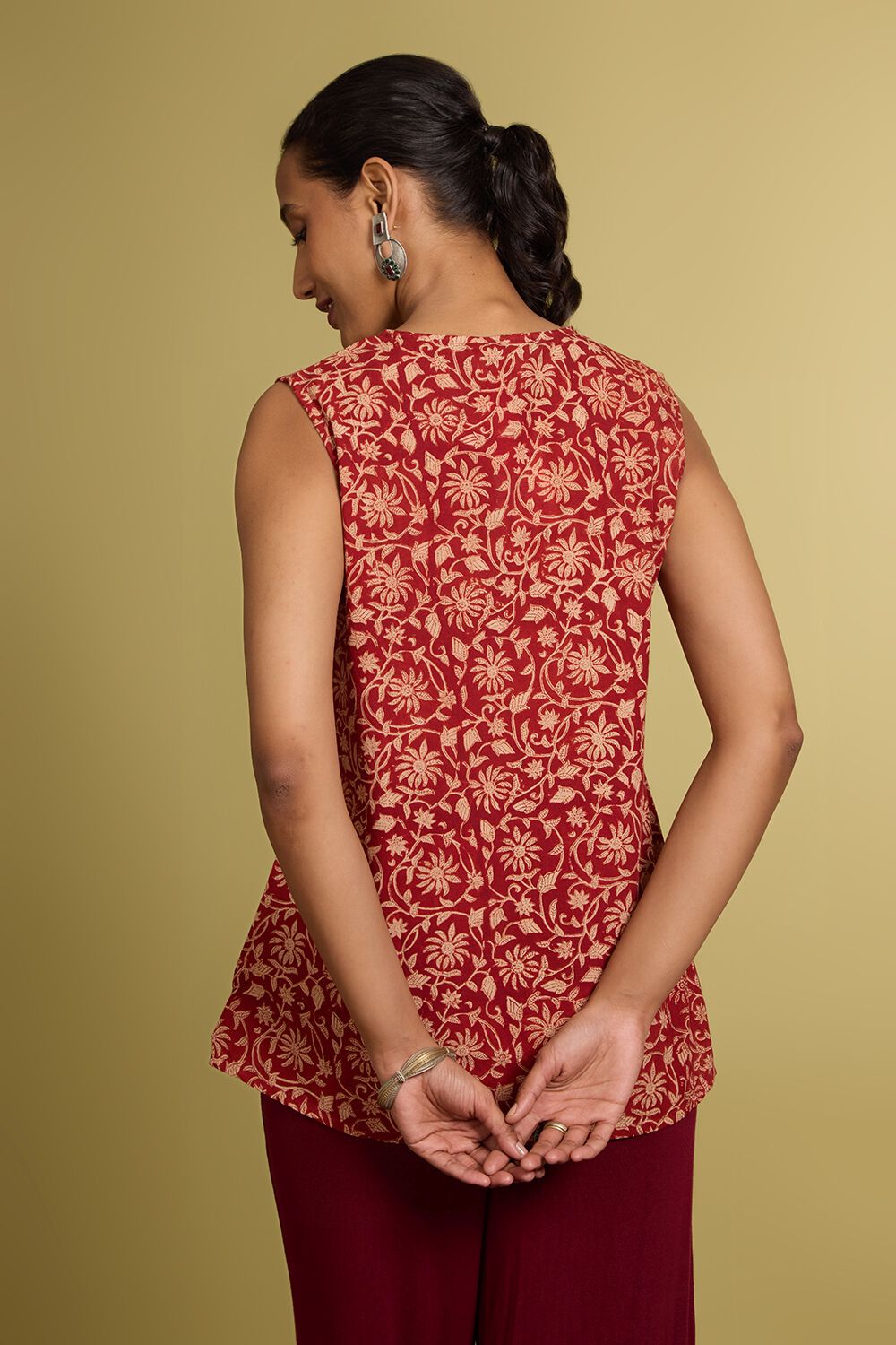 Dark Red Bagru Block Printed Pure Cotton Short Top image number null