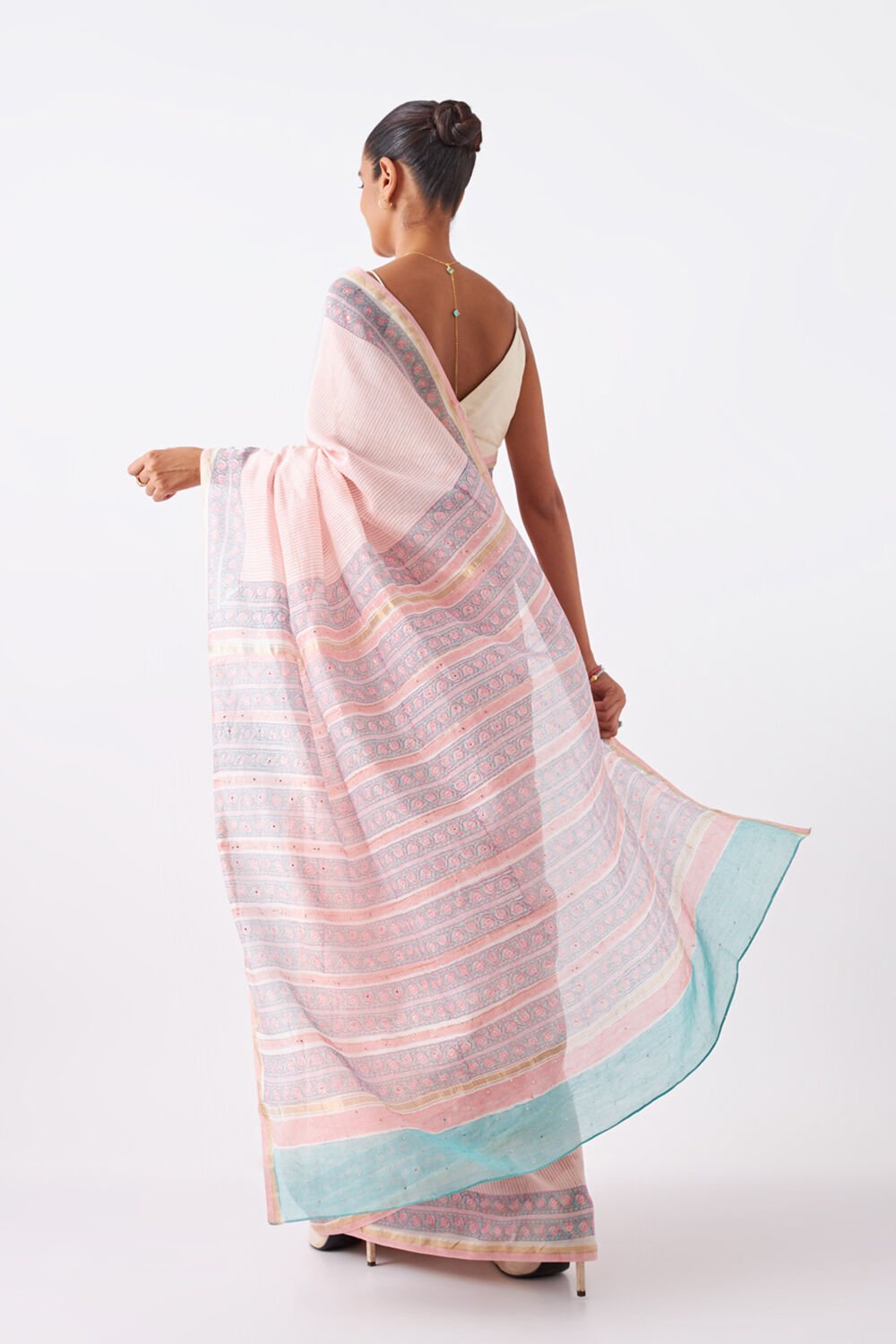 Light Pink Pure Silk Cotton Bagru Print Embroidered Saree image number null