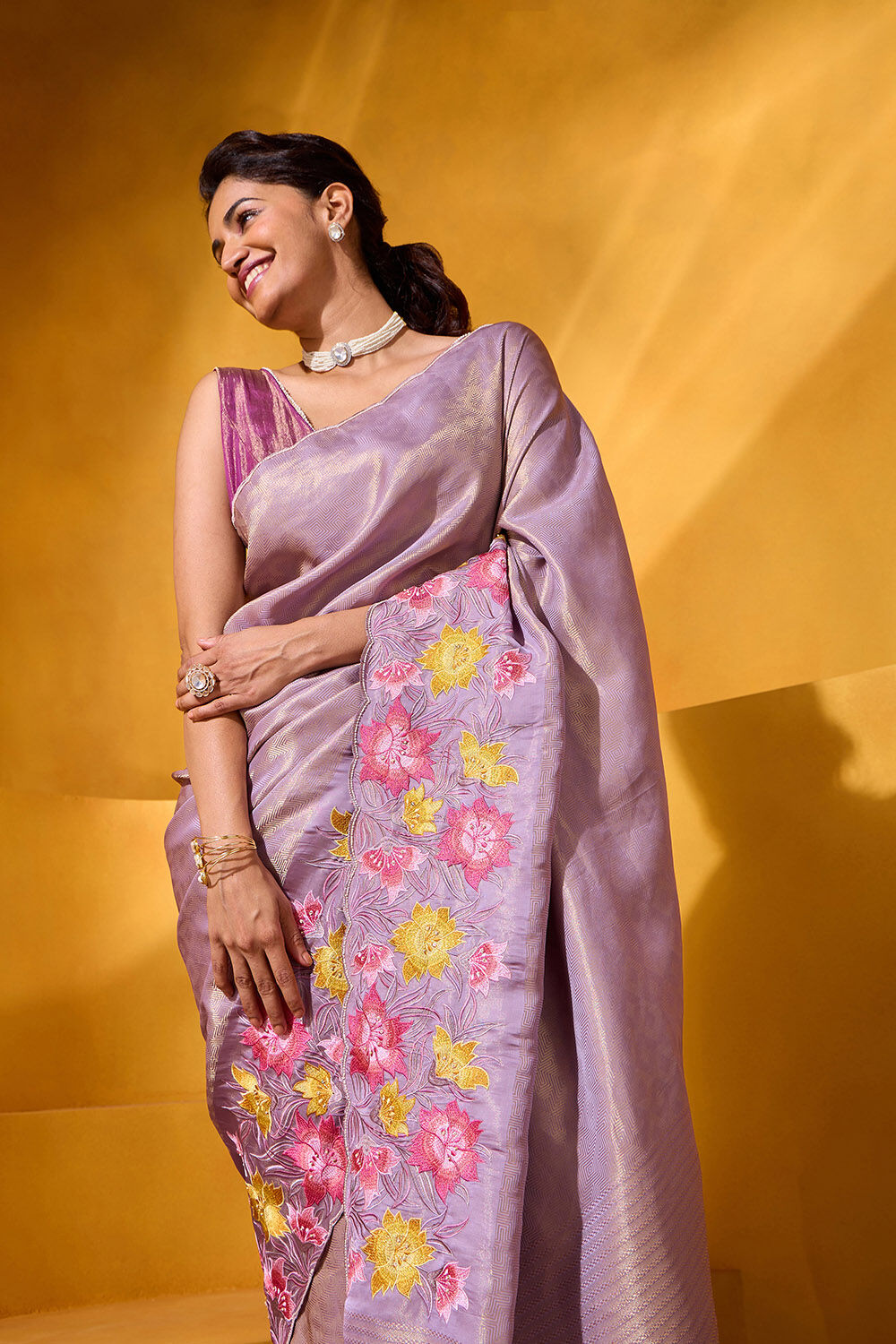 Violet Viscose Tissue Embroidered Saree image number null