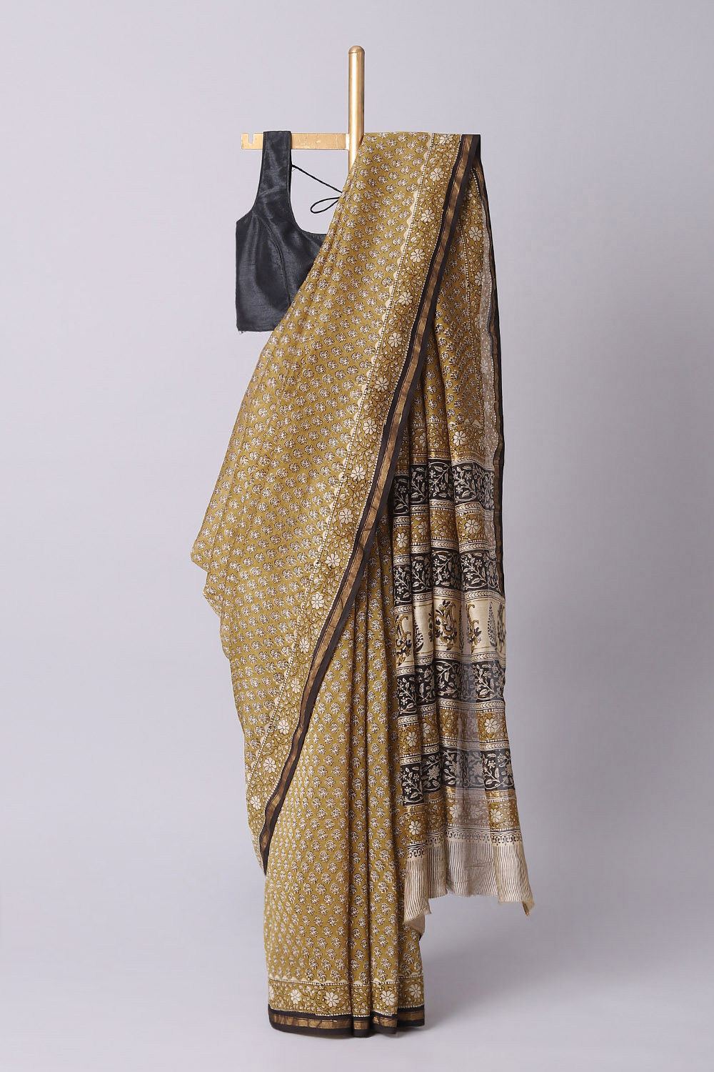 Yellow Pure Silk Cotton Bagru Printed Saree image number null