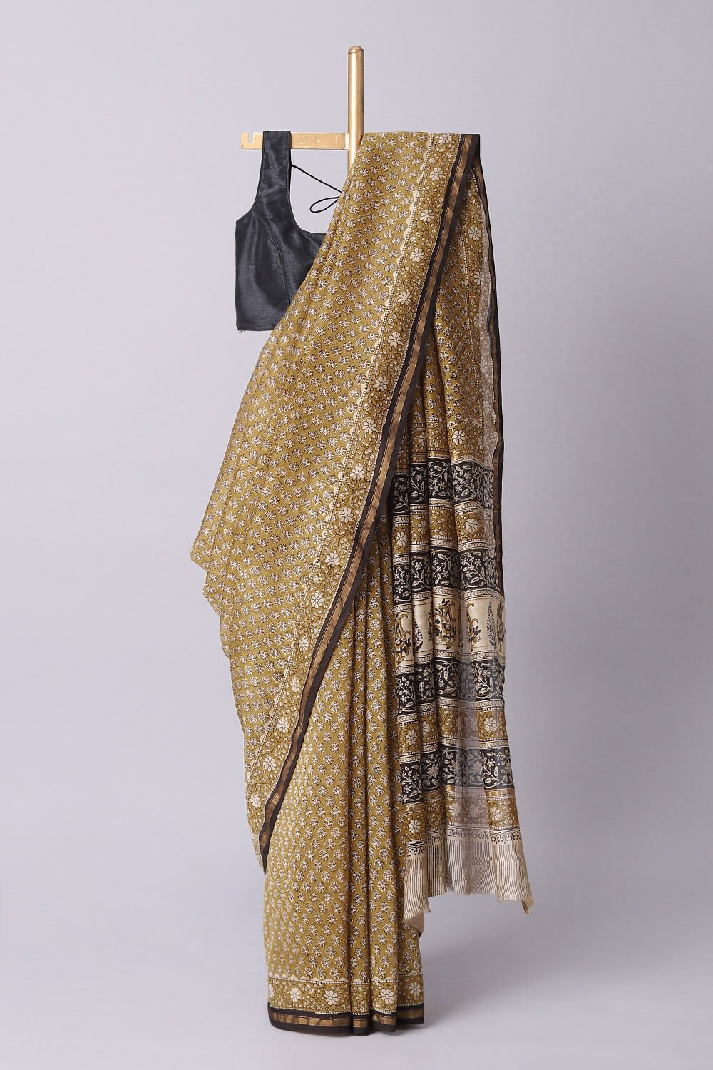 Yellow Pure Silk Cotton Bagru Printed Saree image number null