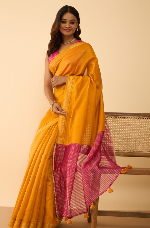 Yellow Pure Silk Cotton Embroidered Saree