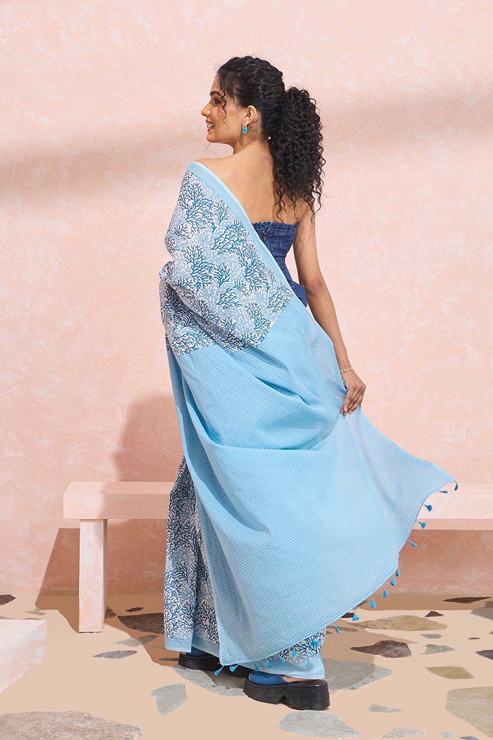 Light Blue Screen Printed Pure Mulmul Cotton Saree image number null