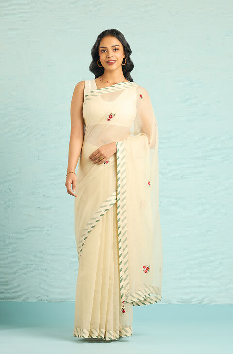 Off White Pure Kota Embroidered Saree