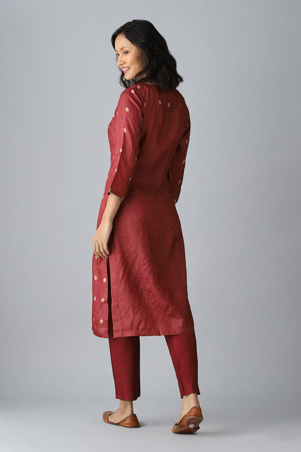 Dark Red Tussar Block Printed Kurta Set image number null