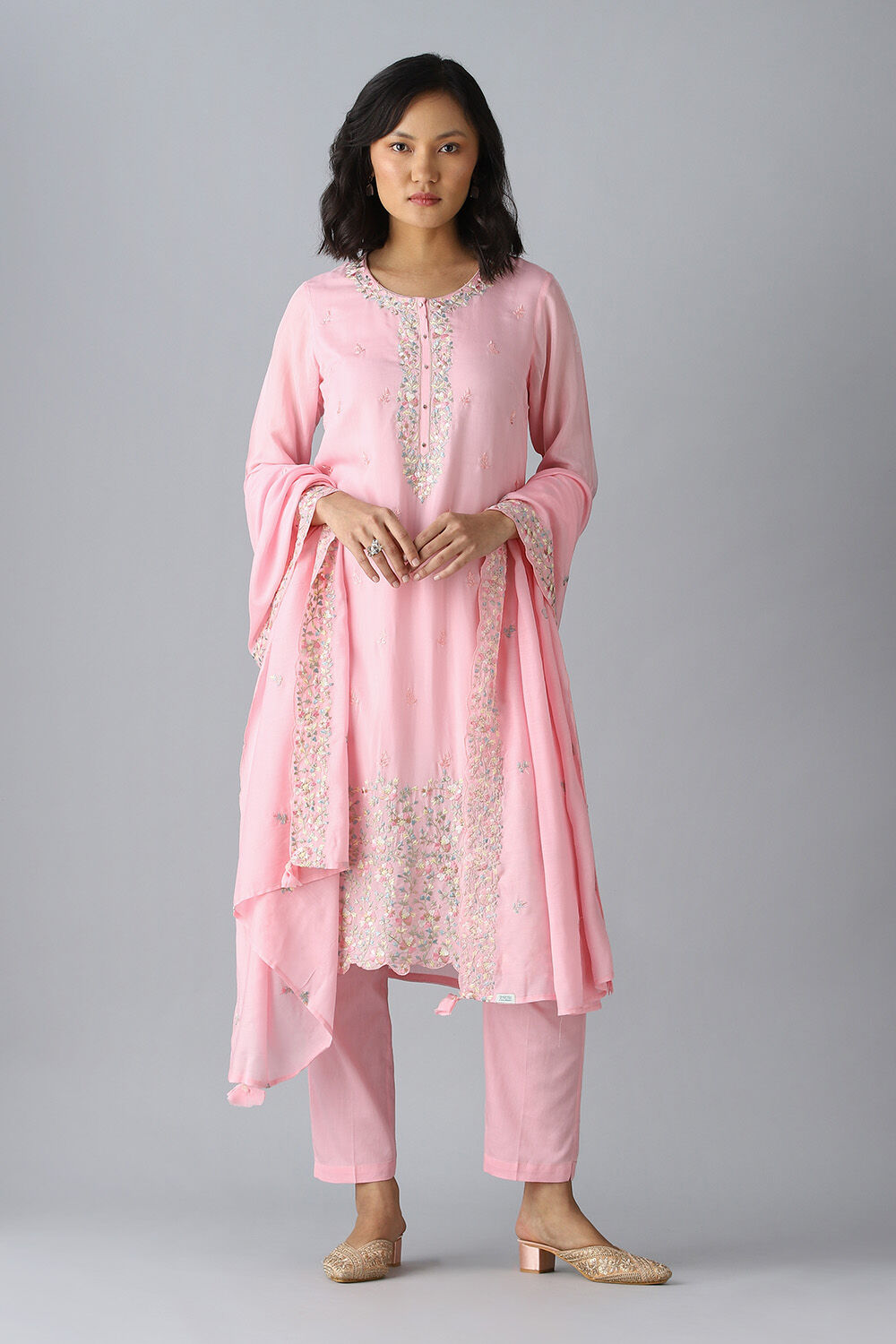 Light Pink Embroidered Viscose Kurta Set image number null