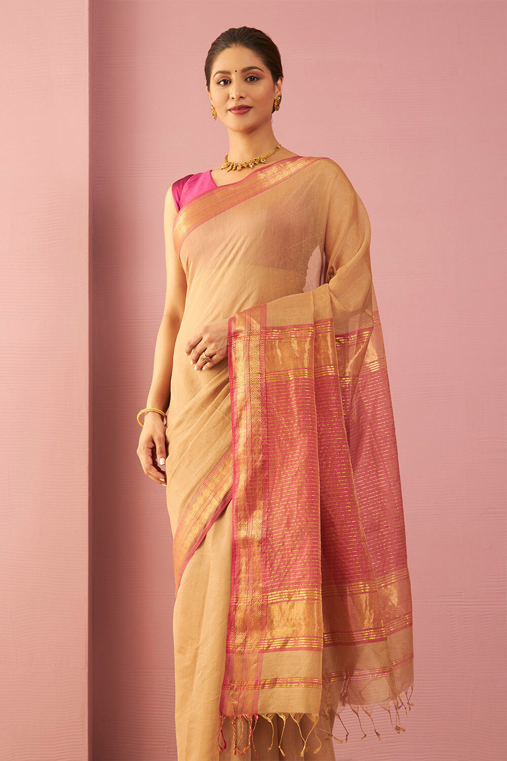 Brown Woven Pure Tissue Cotton Maheshwari Saree image number null