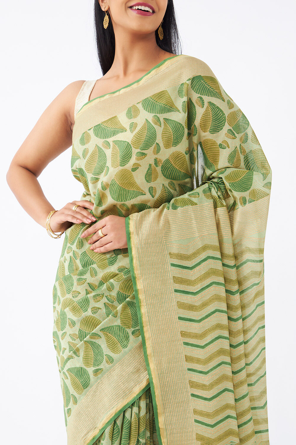 Green Pure Silk Cotton Hand Printed Saree image number null