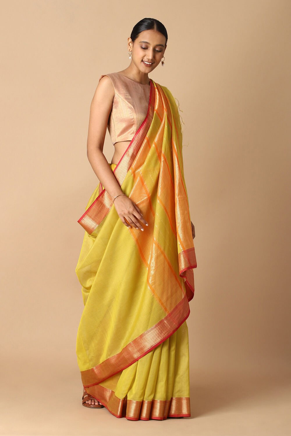 Yellow Pure Silk Cotton Maheswari Saree image number null