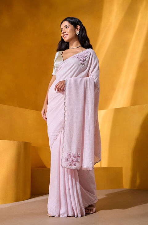 Light Pink Viscose Embroidered Saree