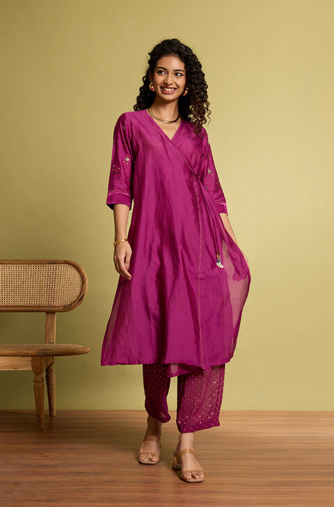 Violet Pure Silk Cotton Embroidered Kurta Set