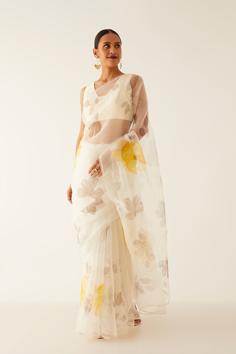 Off White Pure Organza Painted Saree image number null