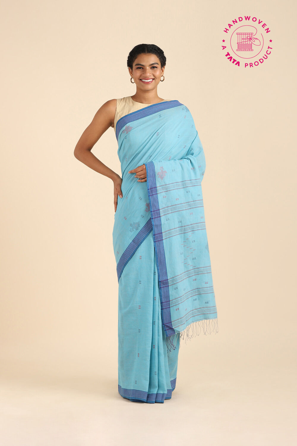 Blue Pure Khadi Cotton Jamdani Saree image number null