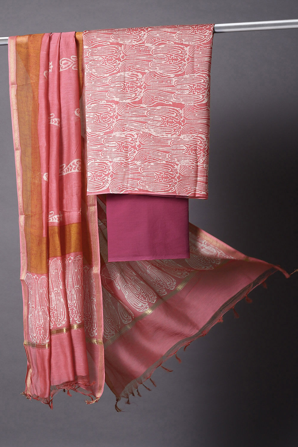 Pink Silk Cotton Block Printed Unstitched Suit Set image number null
