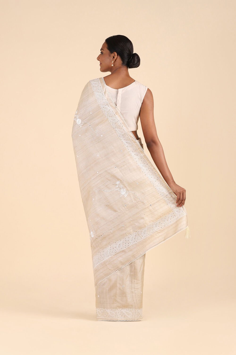 Beige Pure Tussar Silk Embroidered Saree image number null