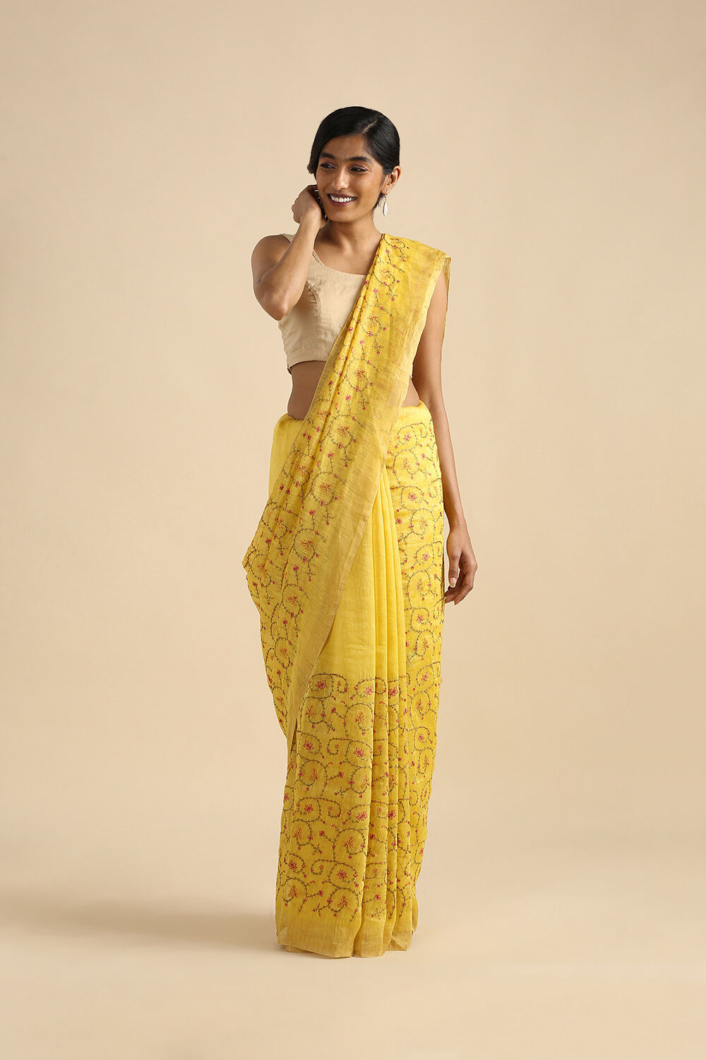 Yellow Pure Silk Linen Embroidered Saree image number null