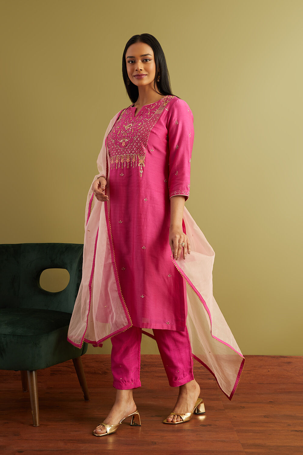 Purple Pure Silk Cotton Embroidered Kurta Set image number null